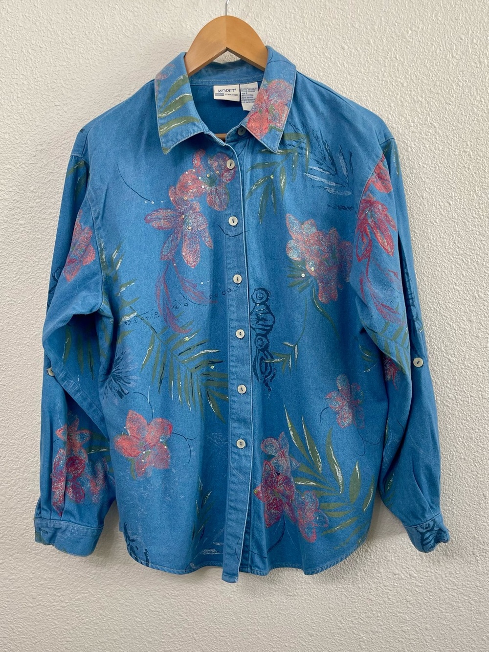 Koret Blue Button-Up Shirt with Pink Floral Palm Watercolor Print with Beading